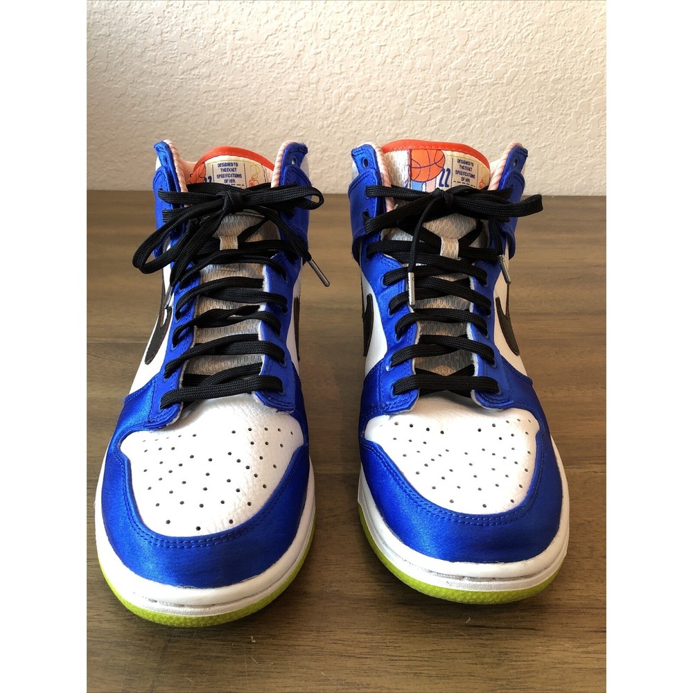 Size 8.5 - Nike Dunk High Blue Satin White Black Green Sneakers, " No Box"